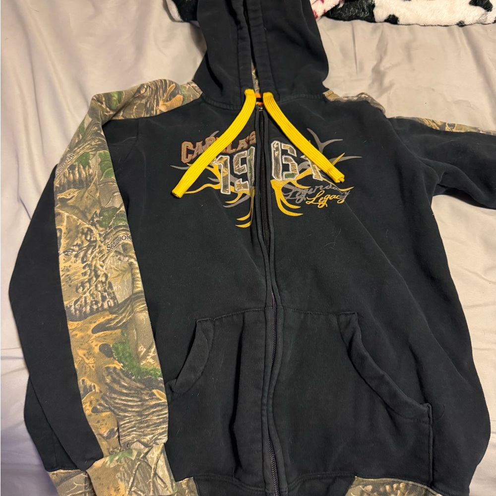 Cabela's Black Hoodie with Camouflage Sleeves and Yellow Accents